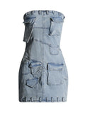 Fongt Fashion Fall 2024 New Multi-Bag Stitching Sexy Strapless Wrap Hip Short Denim Dress-Outfit
