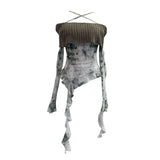 Real Shot Shoulder Cross Hanging Neck Knitting Mesh Yarn Coat Irregular Ribbon Horn Long-Sleeved T-Shirt