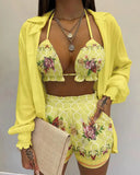 Independent Station New Popular Style Sexy Summer Solid Color Printing 3-Piece Suit Girl-Outfit