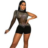 New Fashion Sexy Tight Nightclub Single Sleeve Mesh Perspective Jumpsuit Woman-Outfit