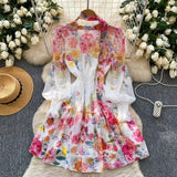 Fongt Famous Elegant Dress Woman 2025 Spring High-End Deep V Tie Ribbon Belt To Print Lotus Leaf Side Skirt