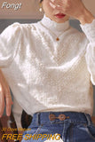 Half Turtleneck Lace Blouse Knitted Pullover Puff Sleeves Fashion Women Autumn Shirts