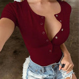 Fongt Spring And Summer Round Neck Short Sleeve Deep V Sexy Slim Bag Hip Button Solid Color Bottom