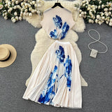 Blooming Printed Skirt Suit Women's New Thread Temperament Half-high Collar Top + Pleated Skirt Two-piece Set-Outfit