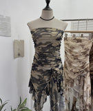 Solid Shot Tie Net Yarn Printing Irregular Ribbon Three-Dimensional Flowers Small Man With Chest Short Skirt Dress Dress