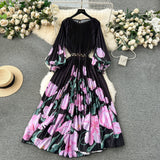 New Women's Dress Dress Oversized Printed Pleated Pleated Waist Belt Holiday Skirt-Outfit