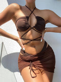 Fongt New Sexy Tie-Up Three-Piece Bikini Solid Color Multi-Color Swimsuit
