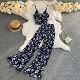 Fongt V-Neck Kink Sling Short Top High Waist Pleated Wide Leg Pants Two-Piece Suit-Outfit