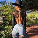 2021 Autumn Women New Elastic Soft Slim Bodysuit Backless Lace Patchwork Black O Neck Long Sleeve Sexy Skinny