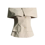 Fongt Socialite Light Ripe Wind Autumn 2024 New One-Line Collar Open Shoulder Splicing Design Slim Suit Jacket-Outfit