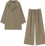 Fongt Women's Explosive Linen Long-Sleeved V-Neck Casual Shirt + Linen Mid-Rise Wide-Legged Trousers