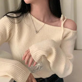 Skew Collar Sweater Off Shoulder Ropa Mujer Lace Up Bow Pullover Feminino Sexy Womens Clothing Korean Knitwears-Outfit