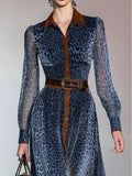Fongt Women's Yarn Digital Printed Shirt Collar Rin Shirt Belt Dress裙裙裙