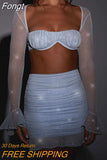 Two Piece Skirt Sets Long Flared Sleeve Pleated Mini Mesh Skirt 2 Piece Sets Womens Party Night Cubwear Outfits