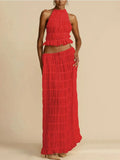 Halterneck Ruched Open Back Tie Up Top And Maxi Skirt Set-Outfit