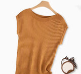 Fongt Silk Knitted Women Loose 2023 Summer New Gray Top Collar Thin Short-Sleeved T-Shirt