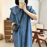 Style Summer Doll Collar Denim Dress Short Sleeves Loose Cute Midi