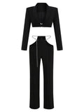 Women's Black Fashion Suit Women's Feeling Small Suit Short Top Chain Belt Casual Trousers Two-Piece