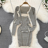 Women's Two piece set Stripe Slim Spaghetti Strap Dress Casual Versatile Knitted Set Spring Autumn-Outfit
