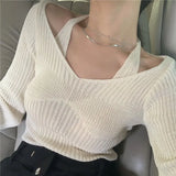 Fongt 2023 New Long-Sleeved Slim V-Necked Two Knitted Shirt Top Women Feel The Bottom