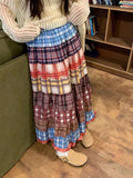Boho Plaid Patchwork Long Skirt-Outfit