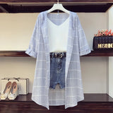 Women Korean Casual 3 Piece Set Women 3/4 Sleeve Plaid Long Hoodies Sunscreen Shirts + Knitted Vest + Denim Short