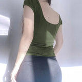Fongt Lace-Up Green Short Sleeves And Front U-Collar T-Shirt 2023 New Slim Temperament Show White Coat Tide-Outfit