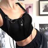 Personality Wind Metal Chain Collision Bow Splicing Pure Black Sling Vest 2024 Spring / Summer Style-Outfit