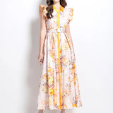 Fongt Printing Lotus Leaf Cuff Clenbuter Single Buckle Waist Swing Dress Female Thin Temperament Elegant Dress