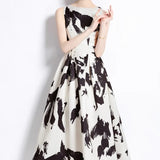 Fongt Retro Round Neckless Position Printing Dress Women's Summer Waist Thin Temperament Waist Swing Vest Skirt