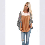 Fongt Women's Wear Bat Sleeve Print Color Swafge Round Collar Blouse T-Shirt