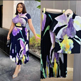 Fongt Fashion Set Women's Summer French High-Grade Folding Print Short-Sleeved Top + Loose A Word 100-Fold Long Skirt