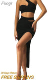 Women Sexy Two-piece Clothes Skirt Sets Summer Solid Color One-shoulder Vest and Slit Skirt Women's Suits Club