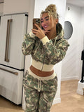 Fongt Camouflage Print Splicing Hooded Tycoat With Short Sweater Straight Trousers Two Sets