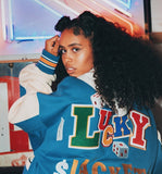 Lucky Embroidery Varsity Jacket-Outfit