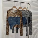 Real Shooting Fashion Leopard Tard Tard Babes Mesh Splicing Denim Irregular Bottom Shirt Short Top