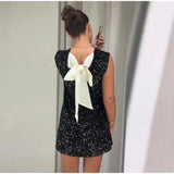 Fongt 2025 New Shiny Beads Back Tice Decorated Bow Dress LX0120