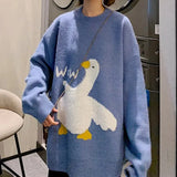 Korean Style Kawaii Cartoon Goose Print Knitted Sweater Women Harajuku Oversize Crewneck Long Sleeve Jumper