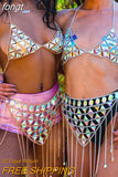 Big Gems Hollow Out Two Piece Set Women Halter Crop Top Long Tassels Mini Skirts 2 Pcs Matching Sets Rave Festival