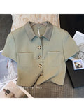Fashion Lapel Elegant Short Sleeve Shirt Coat + High Waist A Line Mini Short Skirt Spring Women's Two Piece Skirt