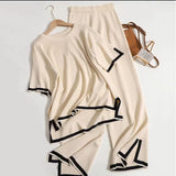 Fongt Fashion Suit Temperament Bumpy Open-Sleeved Knit Shirt + High Waist Display Thin Leg Trousers