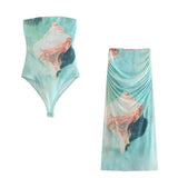 Summer Printed Silk Mesh Jumpsuit Printed Silk Mesh Half Skirt Suit-Outfit