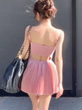 Pink Sweet Sexy Dress Women Backless Korean Fashion Party Mini Dress Female Bodycon Casual Pretty Pleated Dress 2023