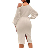 Fongt Hot Selling Single Shoulder Lantern Sleeve Solid Color Collect Purse Hip Dress Sexy Wind Women's Clothing-Outfit