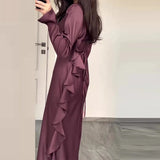 Fongt Solid Color Round Collar Lotus Leaf Long Temperament Dress In Autumn 2025