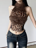 Fongt Cloth Forget Hot Leopard Hair Spliced High-Neck Digging Shoulder Vest Hot Girl Thin Waist High Collar Top