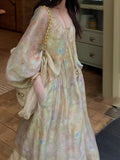 Fongt Casual Retro Loose Long V-Neck Bat Sleeve Niche Dress French Mid-Sleeve A-Dress Girl