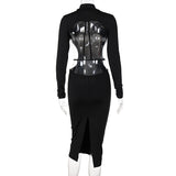 Sexy Women Backless Midi Dress Turtleneck Long Sleeve Elegant Slim Dresses 2021 Autumn Black Casual Basic Bodycon