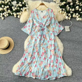 Fongt Retro Floral And Snow-Crushed Dress Woman Autumn Strapd To The Waist V Collar Horn Sleeve Temperament Over The Folded Skirt