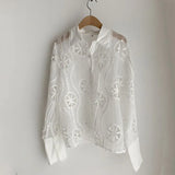Lace White Blouse Women Hollow Out Flower Embroidery Shirt Sexy See Through Turn Down Collar Long Sleeve Top Blusa